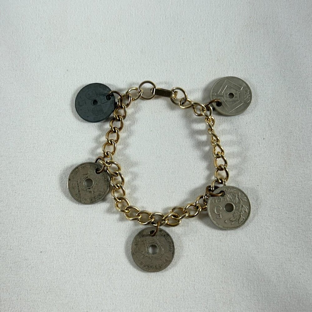 VINTAGE BELGIAN FIVE COIN BRACELET WITH SOLID BRASS CHAIN SIZE 6 ¾.